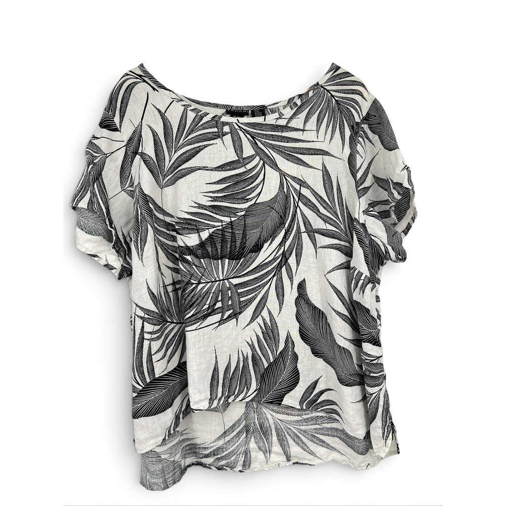 Tahari Womens 2X Linen Tropical Palm Leaf Print Short Sleeve Blouse Black